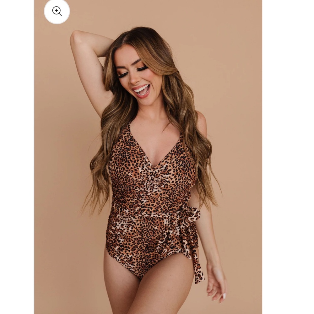 Leopard Print Wrap One-Piece Swimsuit - Brown